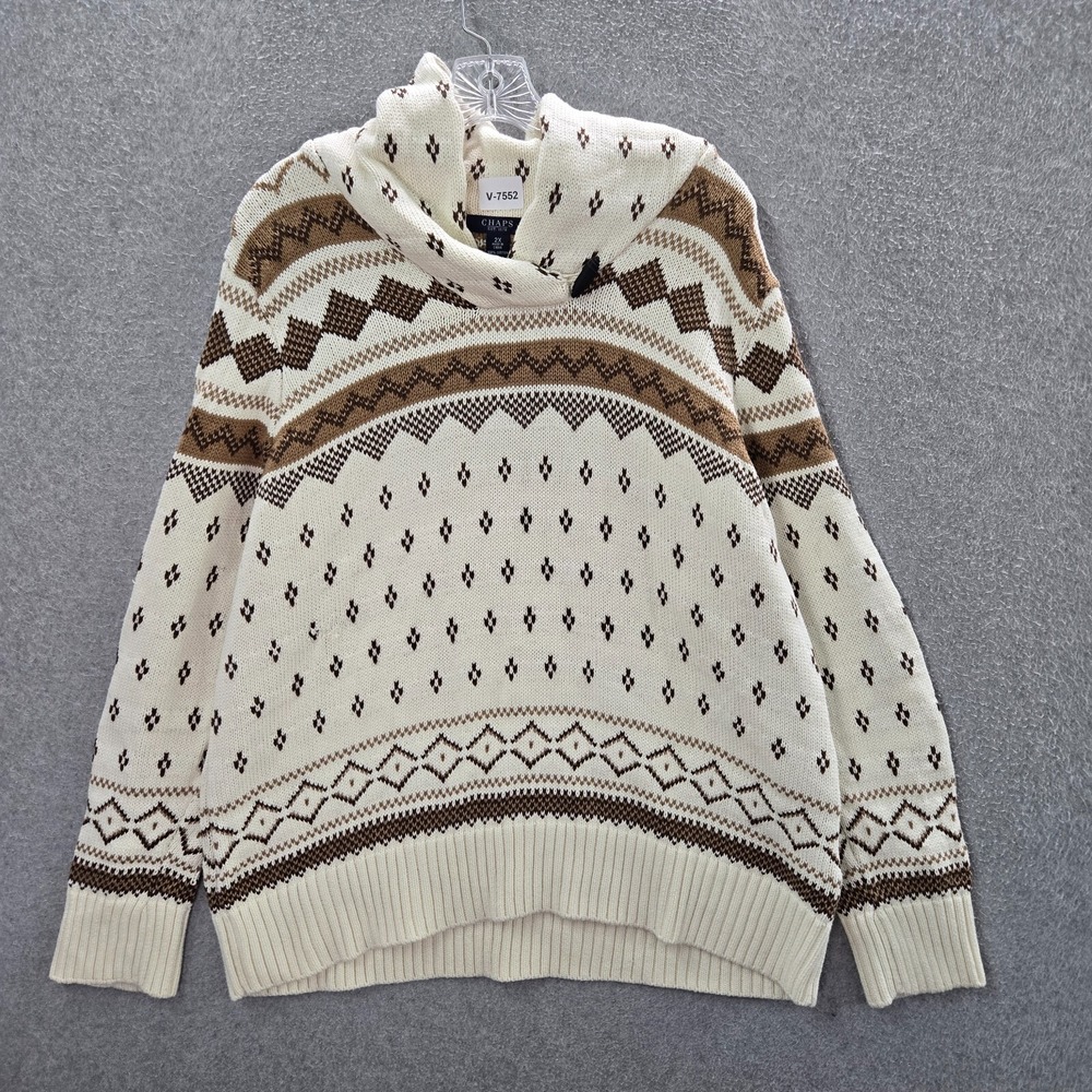 Chaps Women Sweater 2X Brown Geometric Aztec Knit Hoodie Long Sleeve Pullover